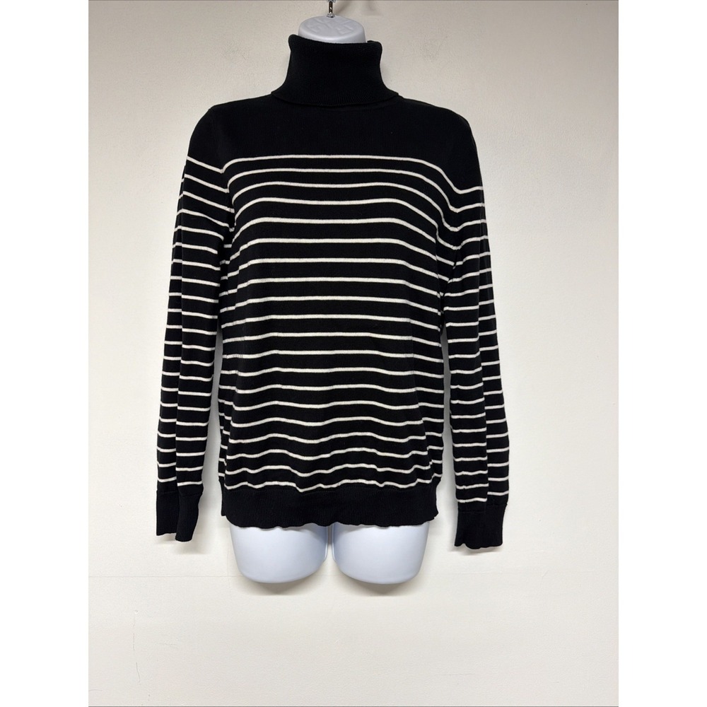 Lauren Ralph Lauren Womens Striped Turtleneck Sweater Black Cream Cotton L